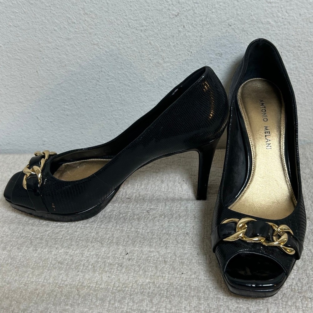Antonio Melani Black Snake Embossed Peep Toe Chain Heels Size 7M High Pumps‎